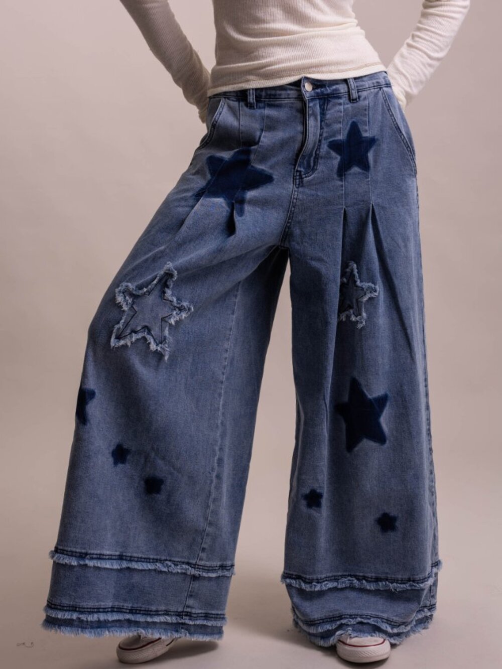 Blue Velvet Star Patch Wide Leg Stretchy Denim Pants